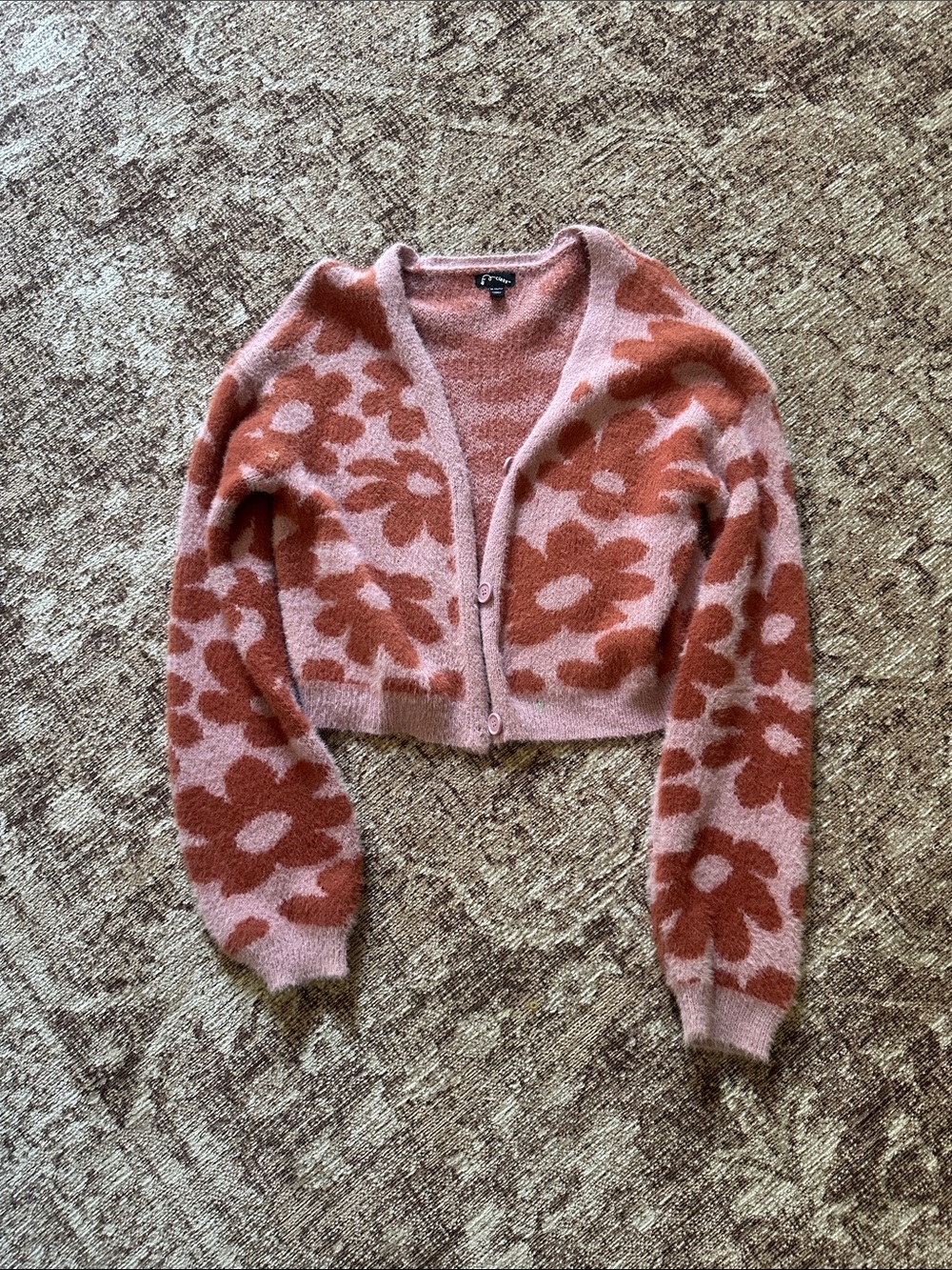 Art Class Floral Pattern Pink & Rust Cropped Cardigan Sweater size XL 14/16